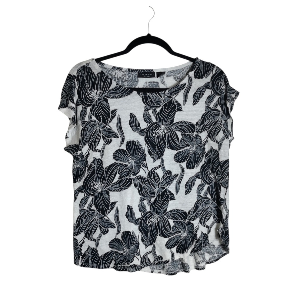 Tahari London Womens XL Black White Floral 100% Linen Short Sleeve Blouse Top